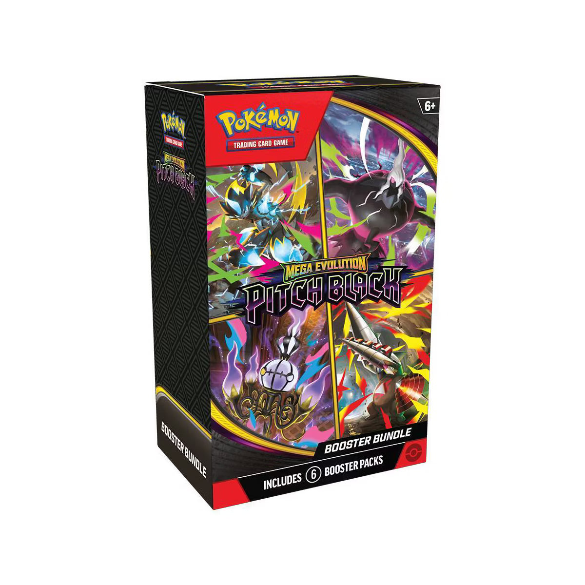 Pokémon TCG Mega Evolution Pitch Black Booster Bundle box featuring vibrant artwork and 6 booster packs.