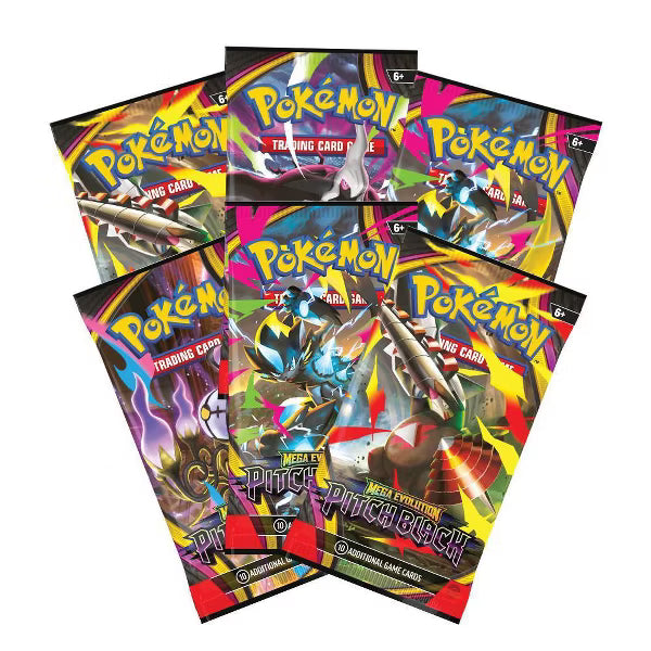 Pokémon TCG Mega Evolution Pitch Black Booster Bundle featuring six colorful booster packs.