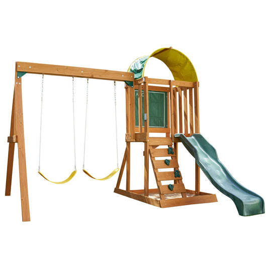 Kidkraft Ainsley Wooden Outdoor Swing Set with Slide and Rock Wall